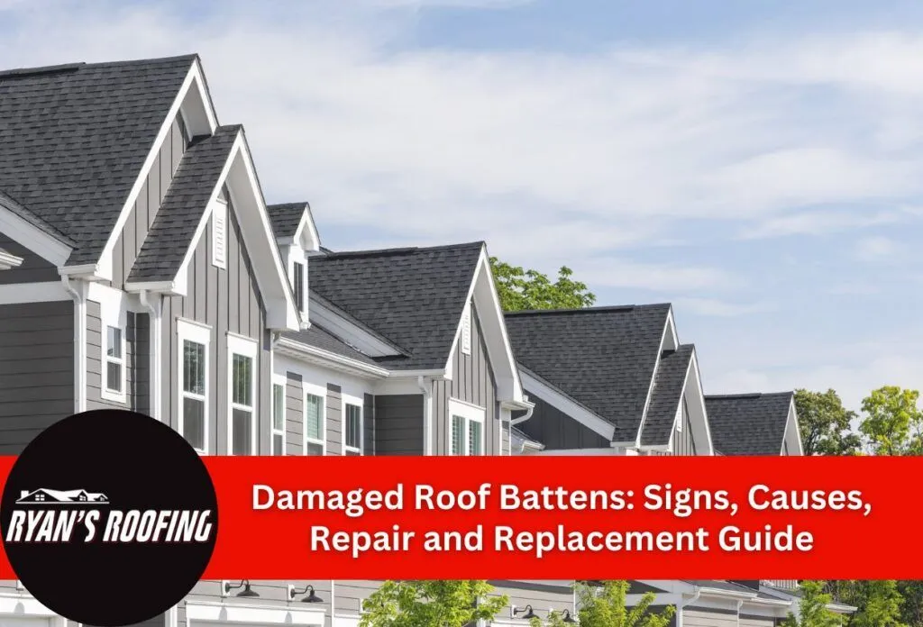 Residential rooftops with dark shingles under clear sky