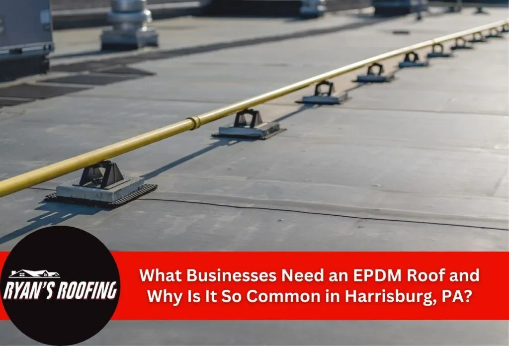 Flat EPDM roof with safety railing on a commercial building