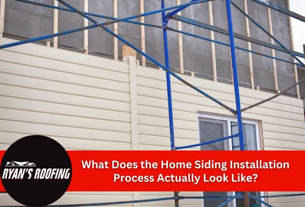 Home siding installation with scaffolding in progress