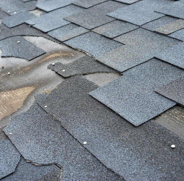 Damaged asphalt roof shingles with missing and curled pieces showing wear