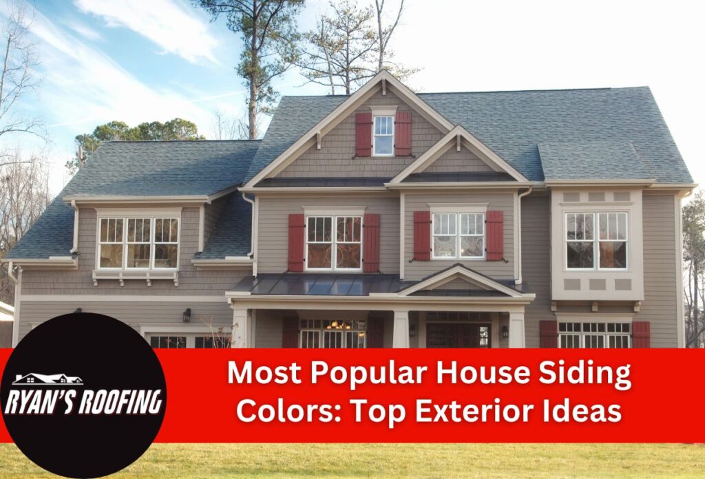 Modern two-story house with gray siding and red shutters showcasing popular exterior colors