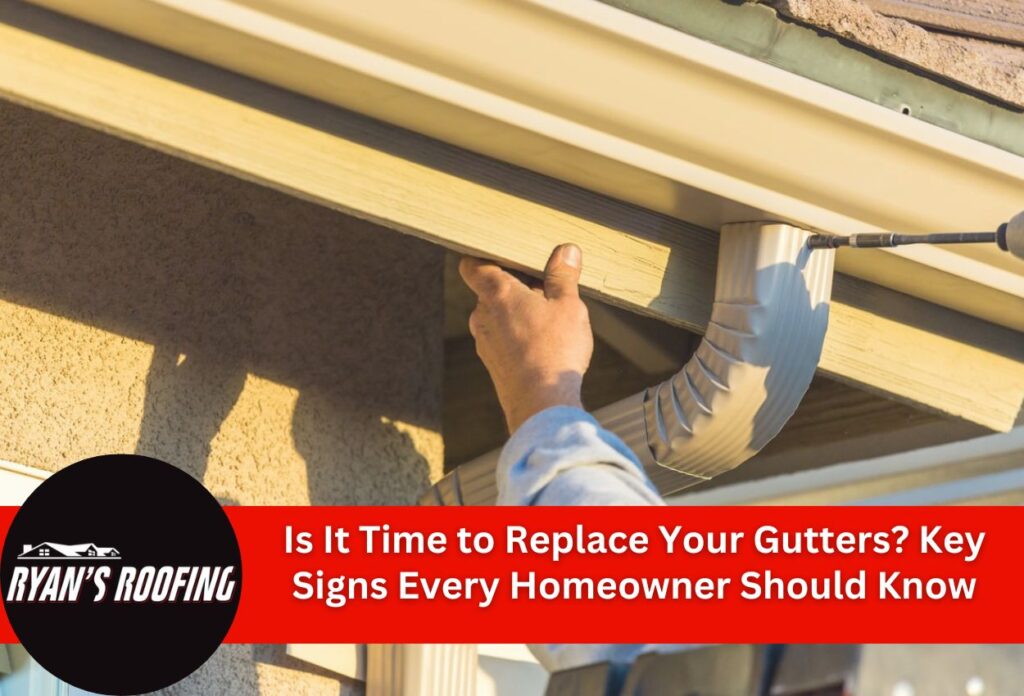 Professional contractor installing white rain gutters on residential home exterior