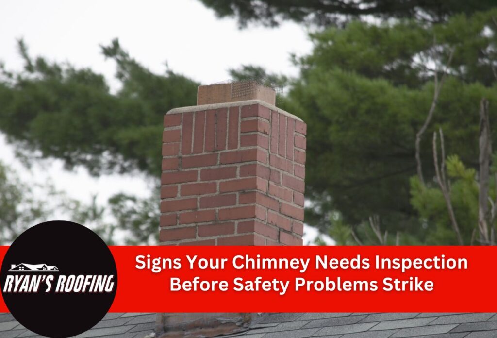 Red brick chimney on roof requiring inspection for safety issues and maintenance