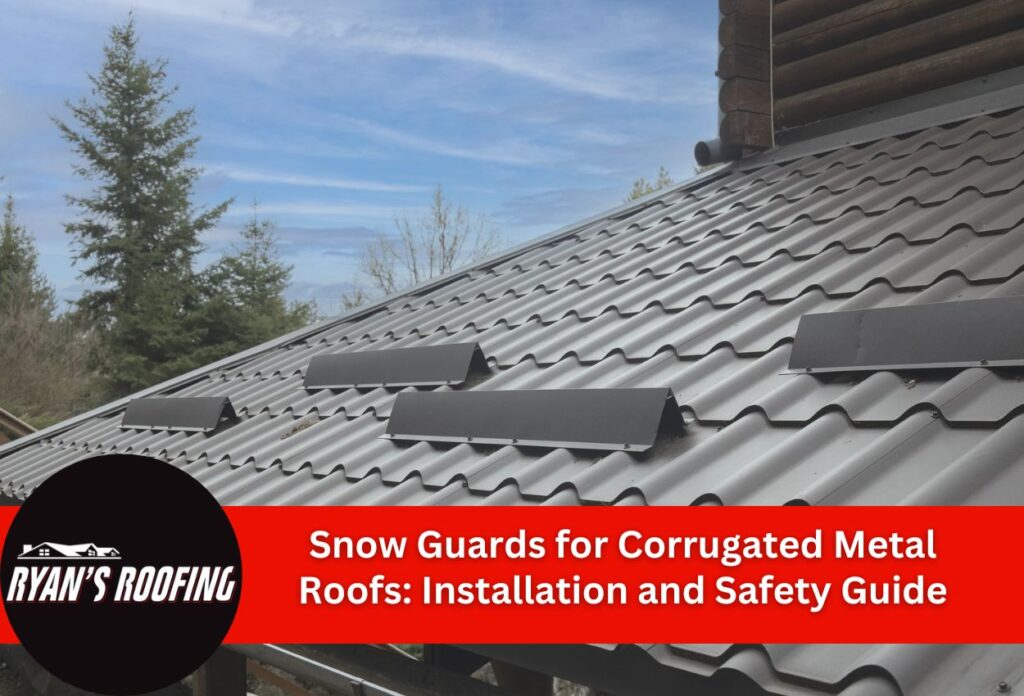 Snow guards installed on corrugated metal roof for winter safety and protection