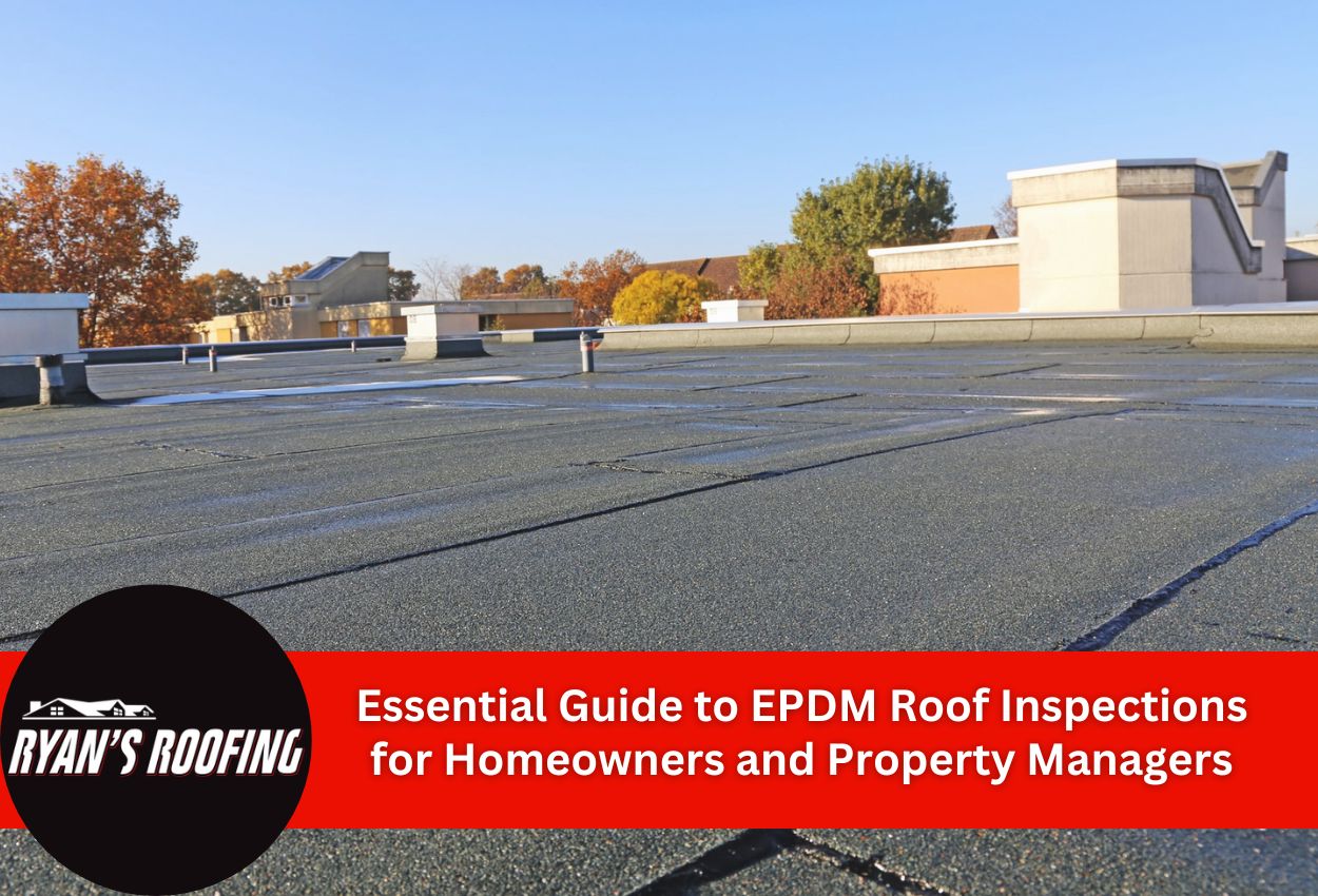 EPDM flat roof membrane on commercial building with autumn trees in background