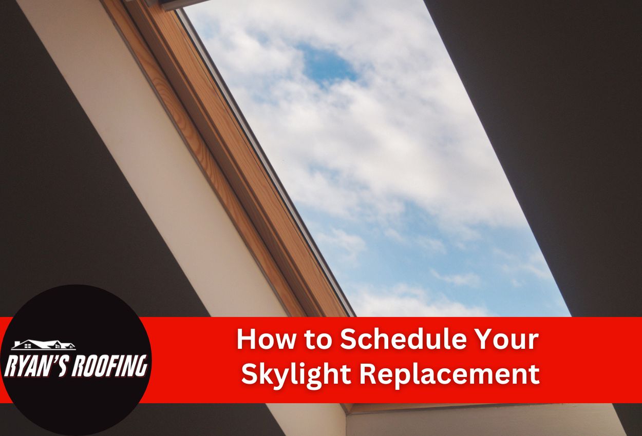 Wooden skylight window showing blue sky with clouds and red text overlay about scheduling replacement
