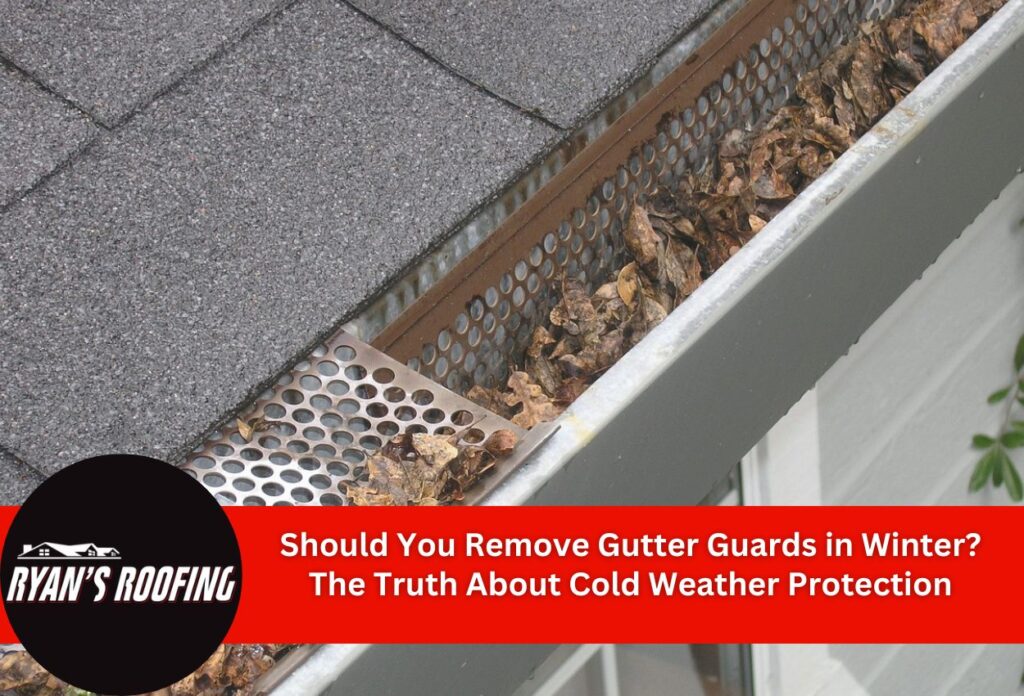 Roof gutter with perforated metal guard filled with autumn leaves and debris