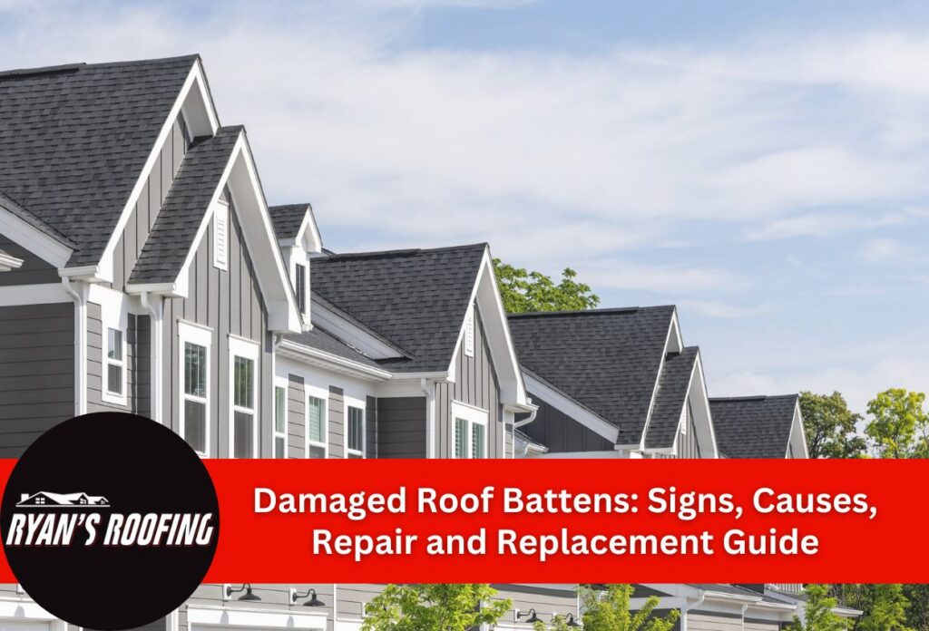 Residential rooftops with dark shingles under clear sky