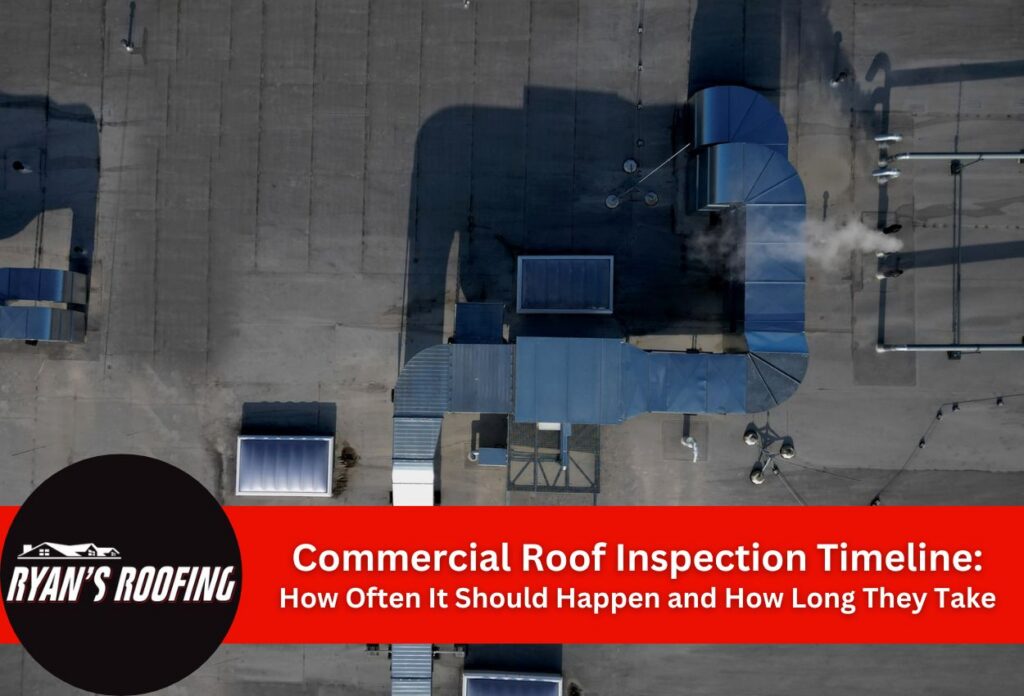 Aerial view of commercial rooftop with HVAC equipment and inspection timeline.
