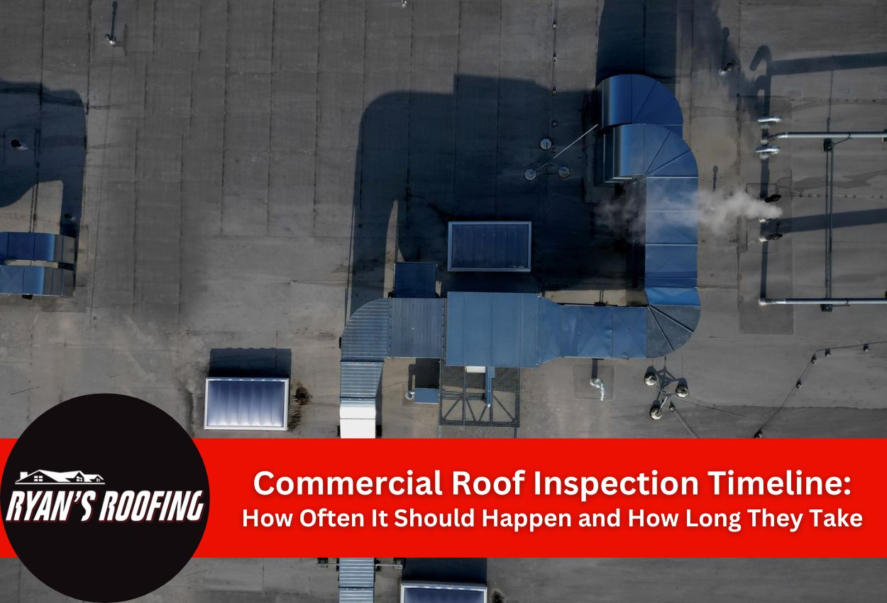 Aerial view of commercial rooftop with HVAC equipment and inspection timeline.