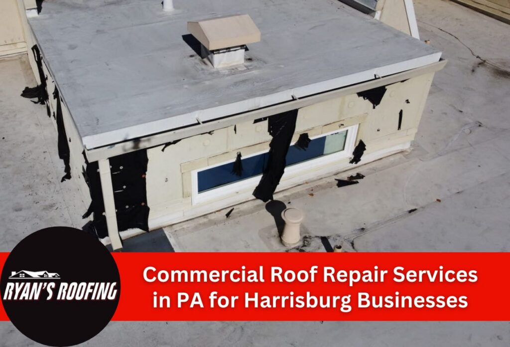 Commercial roof with repairs by Ryan's Roofing in Harrisburg, PA.
