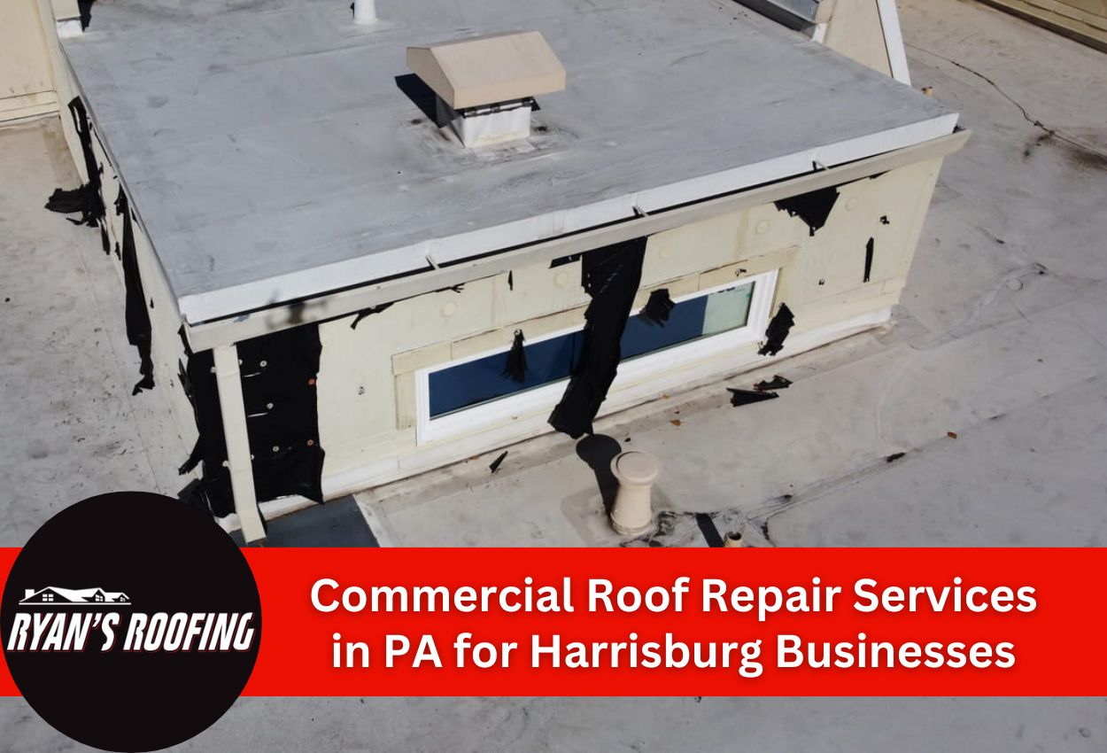 Commercial roof with repairs by Ryan's Roofing in Harrisburg, PA.