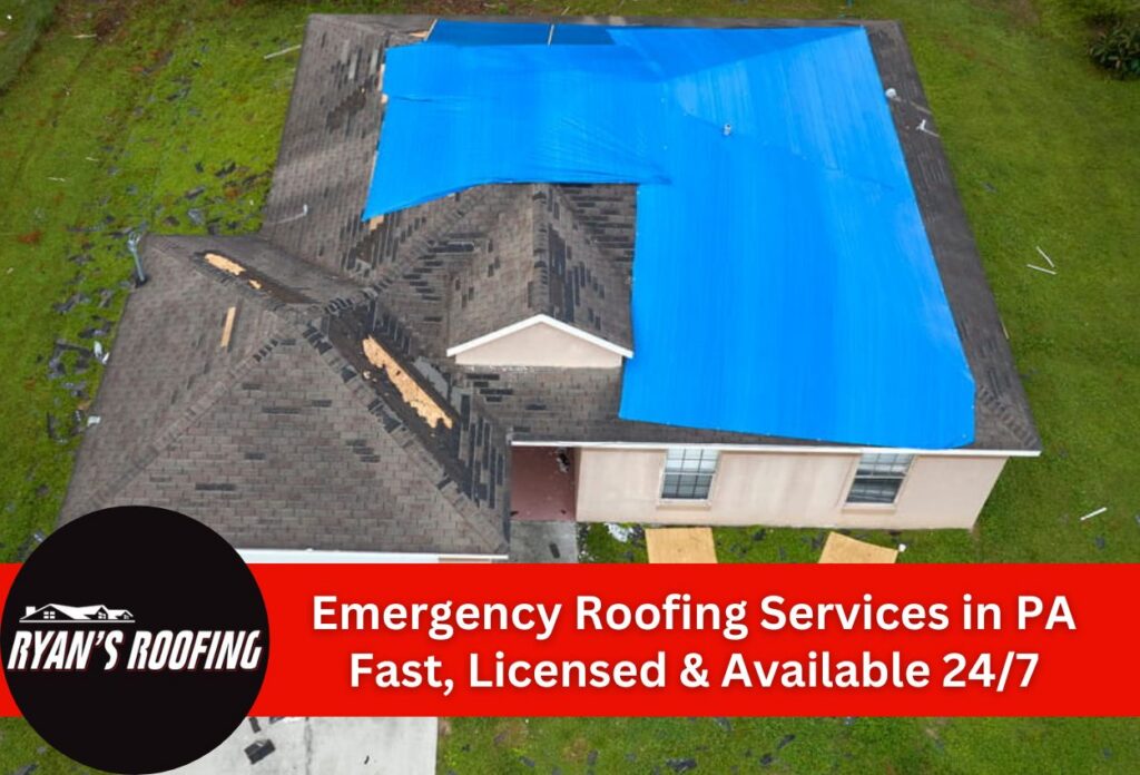 Roof with blue tarp showing damage, highlighting emergency roofing services.