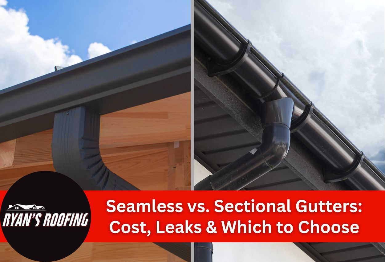 Comparison of seamless and sectional gutters on house roofs under clear sky.