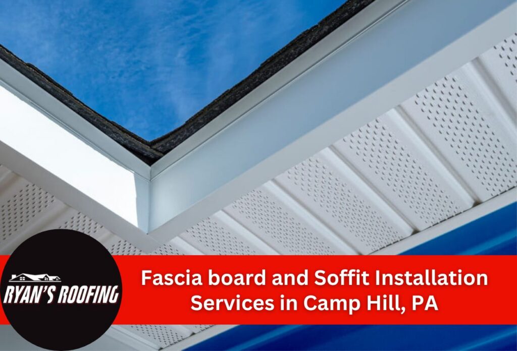 Close-up of soffit and fascia installation against a blue sky.