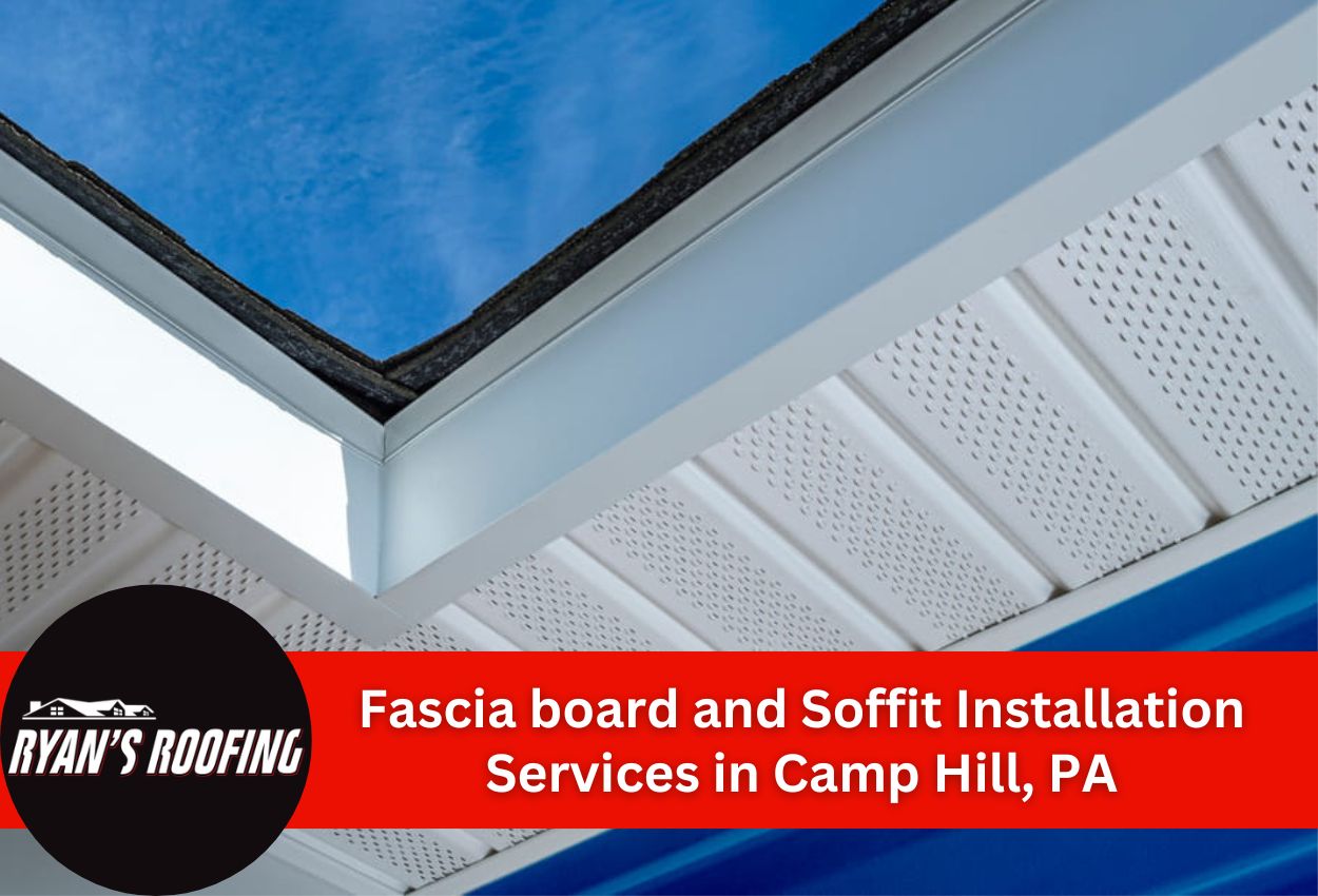 Close-up of soffit and fascia installation against a blue sky.