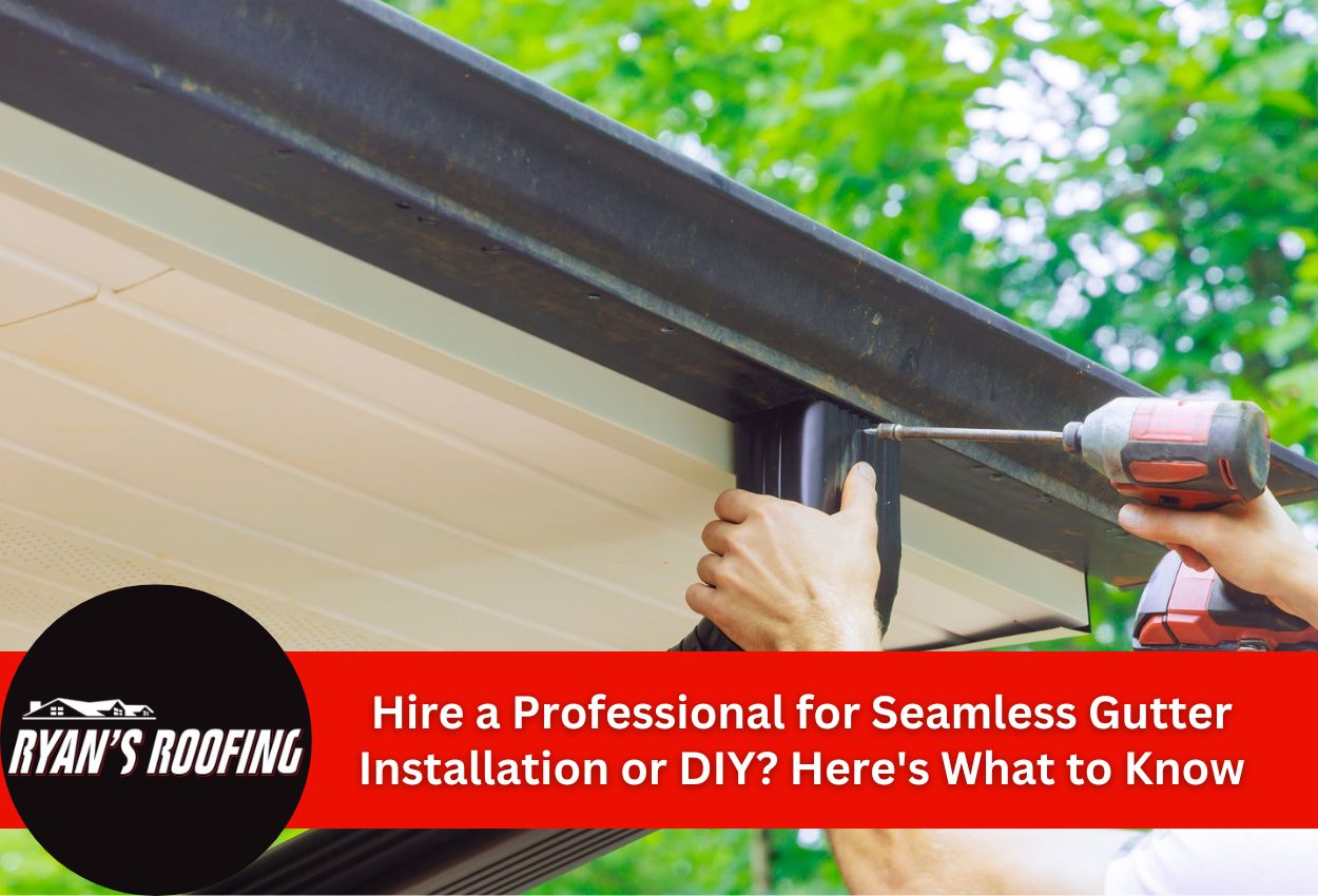 Close-up of seamless gutter installation with a power drill.