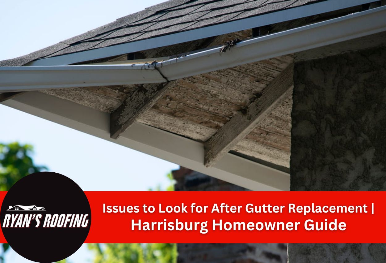 Close-up view of house gutter showing possible post-replacement issues.