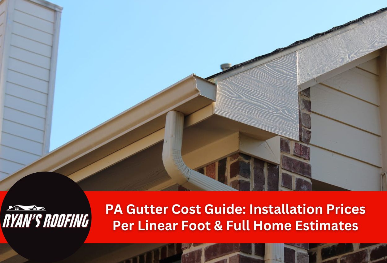 Close-up of roof gutter and downspout on a residential house.
