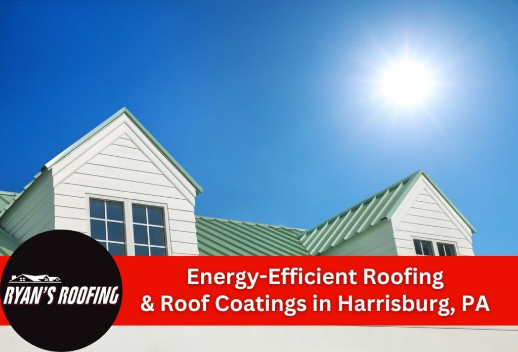 Energy-efficient roofing with green metal roof under bright sun.