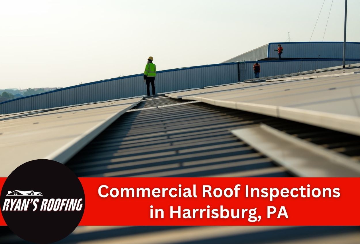 Inspectors walking on commercial roof in Harrisburg, PA.