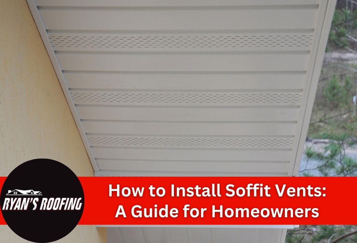 Close-up view of installed soffit vents on a house exterior ceiling.