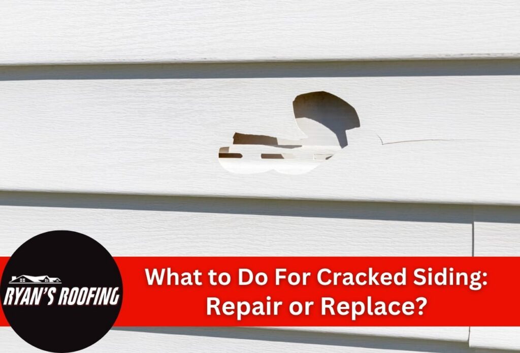 Close-up of cracked white house siding with repair or replace query.